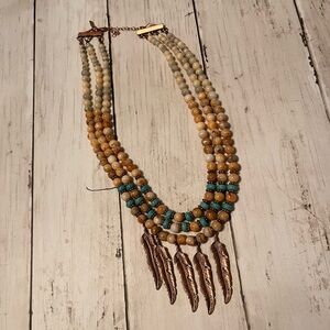 Bohemian Multi-Strand Beaded Necklace with Feather Charms
